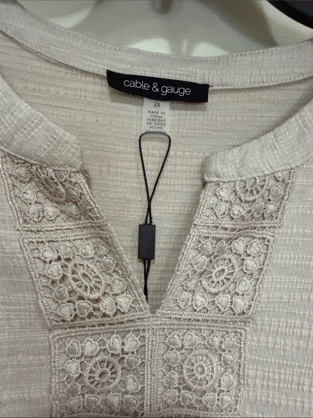 Cable & Gauge Taupe Crochet-Trim Short Sleeve Blouse - Picture 3 of 7